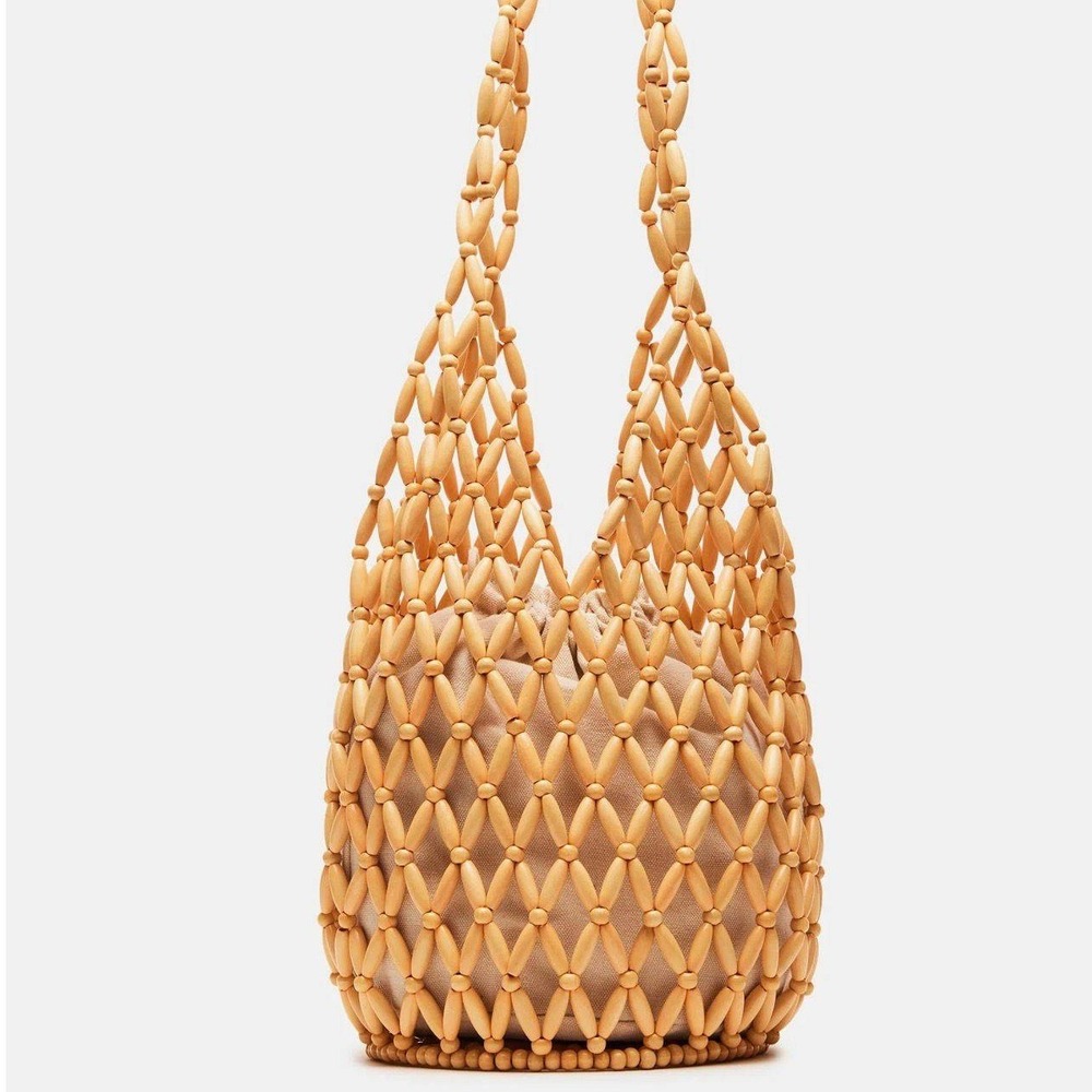Steve Madden Beaded Tote Bag Boho Summer Beach Wooden Bead Shoulder Bag